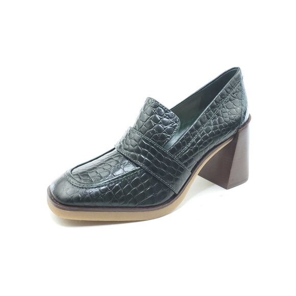 Vince Camuto Ezerna Croc Leather Loafer Heels Womens Green Block Heel 7.5M EU 38 - Picture 1 of 10